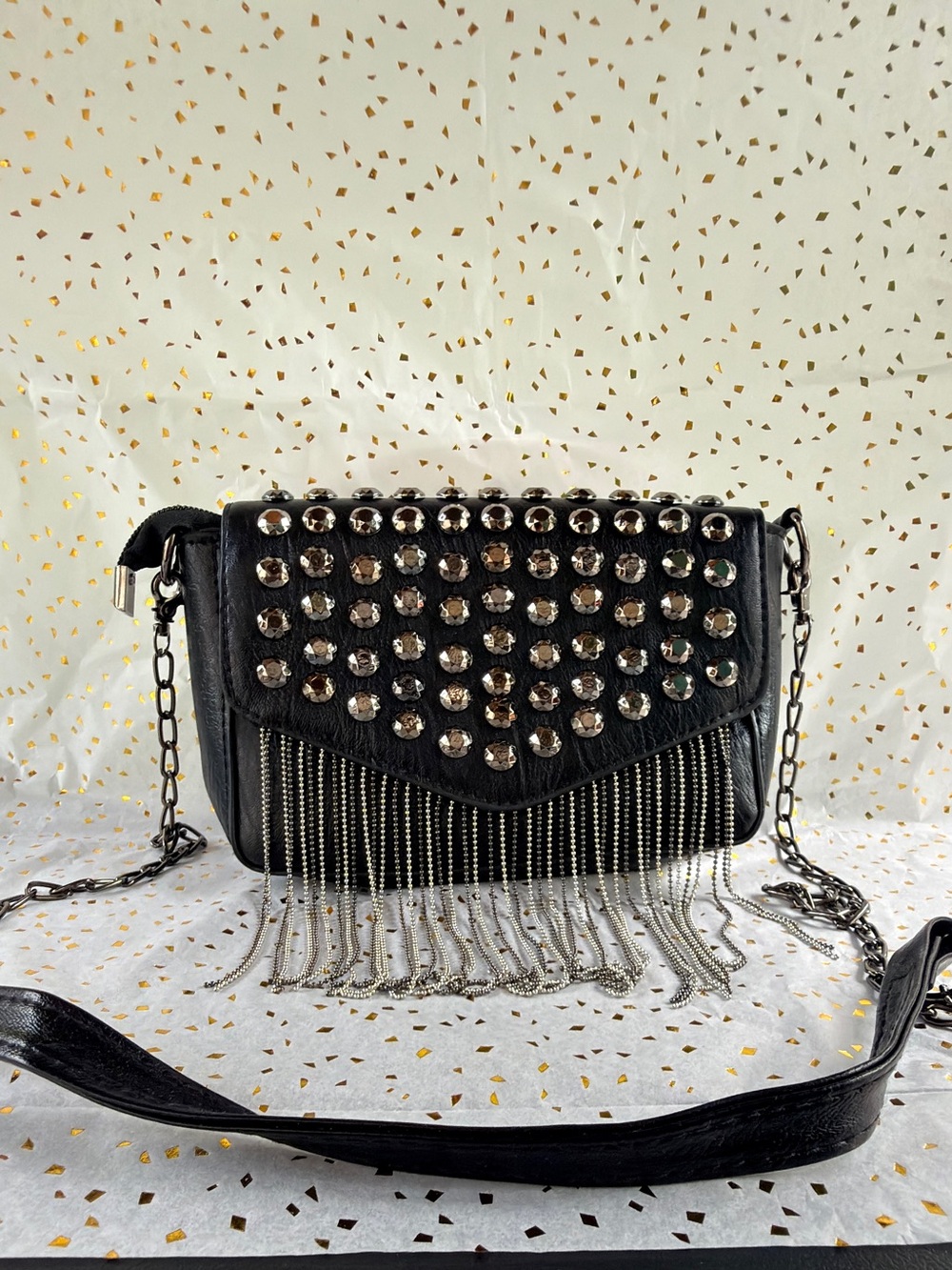 Black Studded Fringe Crossbody Bag